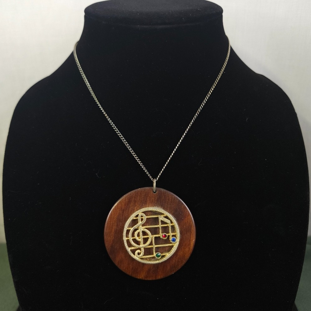Chunky Wood Pendant Necklace Music Staff Notes‎ Rhinestones